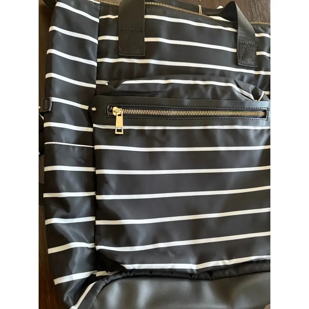A New Day Black White Stripe Backpack Tote Laptop Bag Travel NWT Gold Zipper